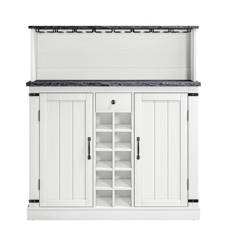 FESTIVO 47 in. Cut-Off White Wood Buffet Bar Cabinet with Wine Rack with Granite Pattern Countertop FWC21178