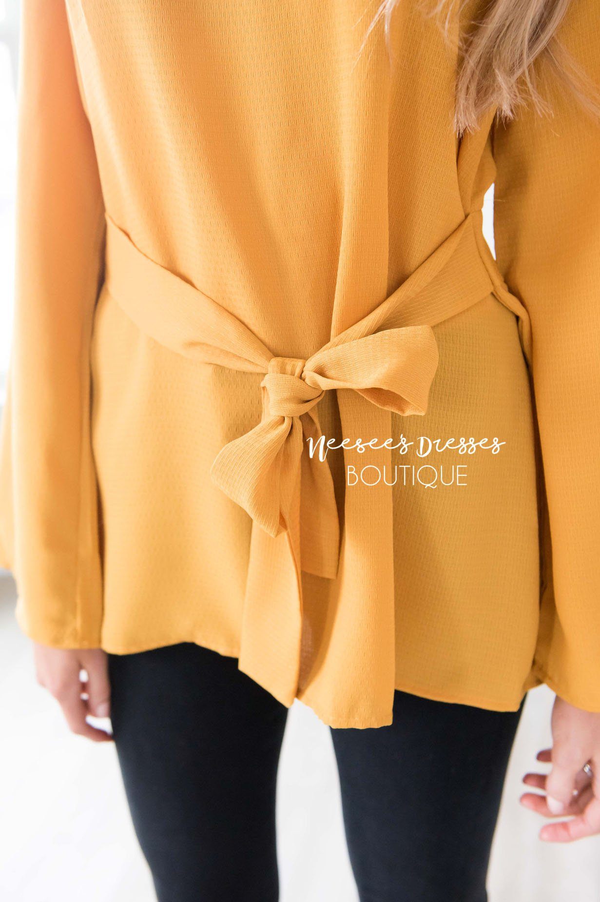 Bell Sleeve Tie Waist Blouse