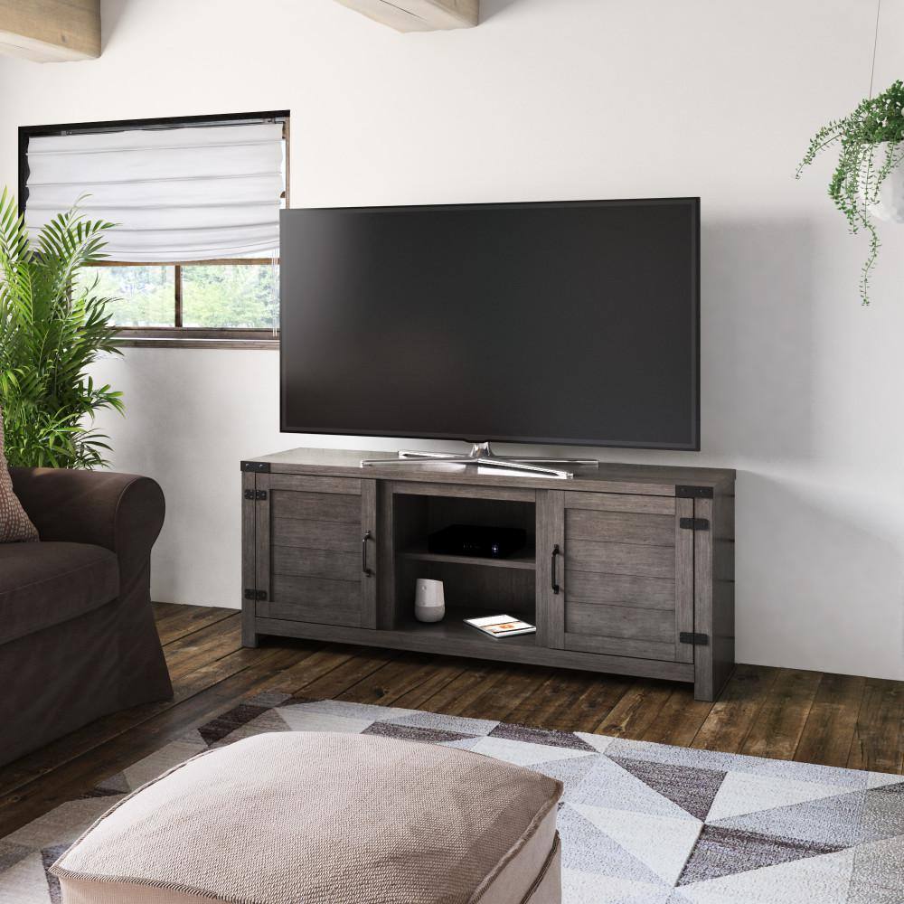 Twin Star Home 60 in. Weathered Gray TV Stand Fits TV's up to 65 in. with Planked Doors and Nail Head Details TC60-6714-PG77