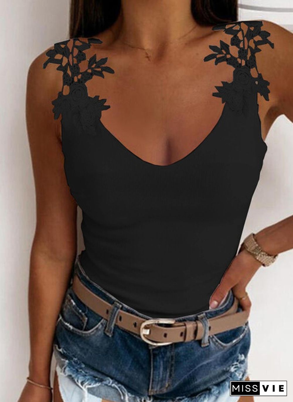 Women Fashion Lace Print Solid Color Round Neck Sleeveless Tank Tops Slim Fit Summer Sleeveless Tops