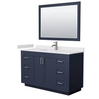 Wyndham Collection Miranda 54 in. W x 22 in. D x 33.75 in. H Single Sink Bath Vanity in Dark Blue with White Cultured Marble Top and Mirror WCF292954SBNWCUNSM46