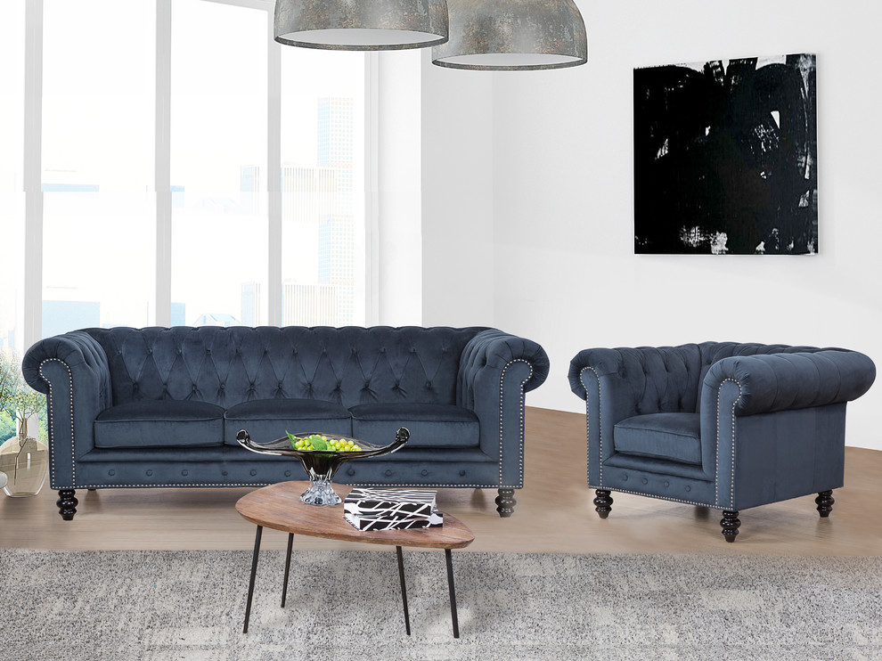 Central Chesterfield 2 Piece Velvet Sofa and Armchair Set  Blue   Traditional   Living Room Furniture Sets   by Abbyson Living  Houzz