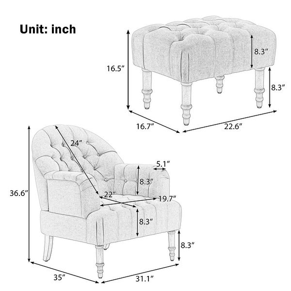 Mid Century Modern Chair with Linen Fabric and Ottoman for Living Room Bedroom Office Lounge