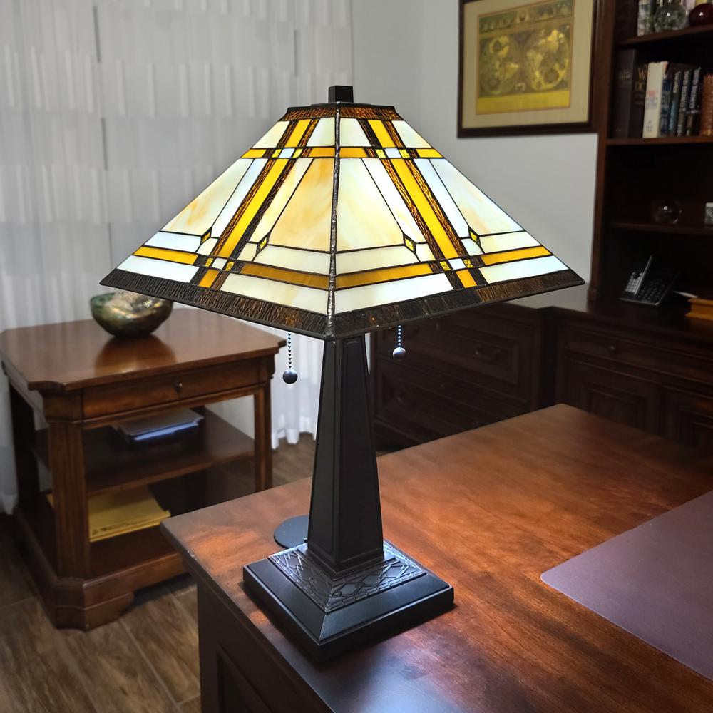 23" White Amber and Brown Stained Glass Two Light Mission Style Table Lamp