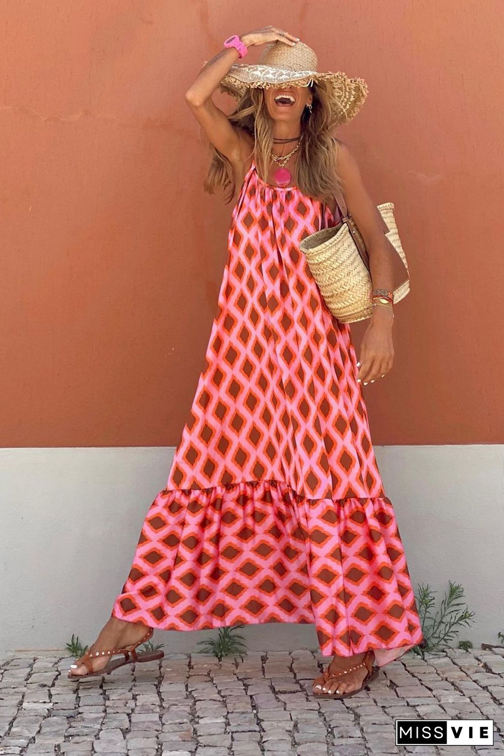 Red Geometric Print Loose Fit Sleeveless Maxi Dress