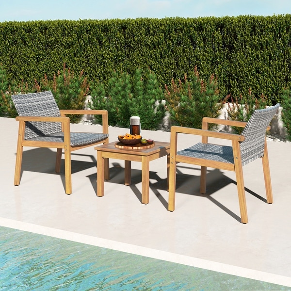 Costway 3 PCS Outdoor Furniture Set，Acacia Wood Frame Sofa Set with