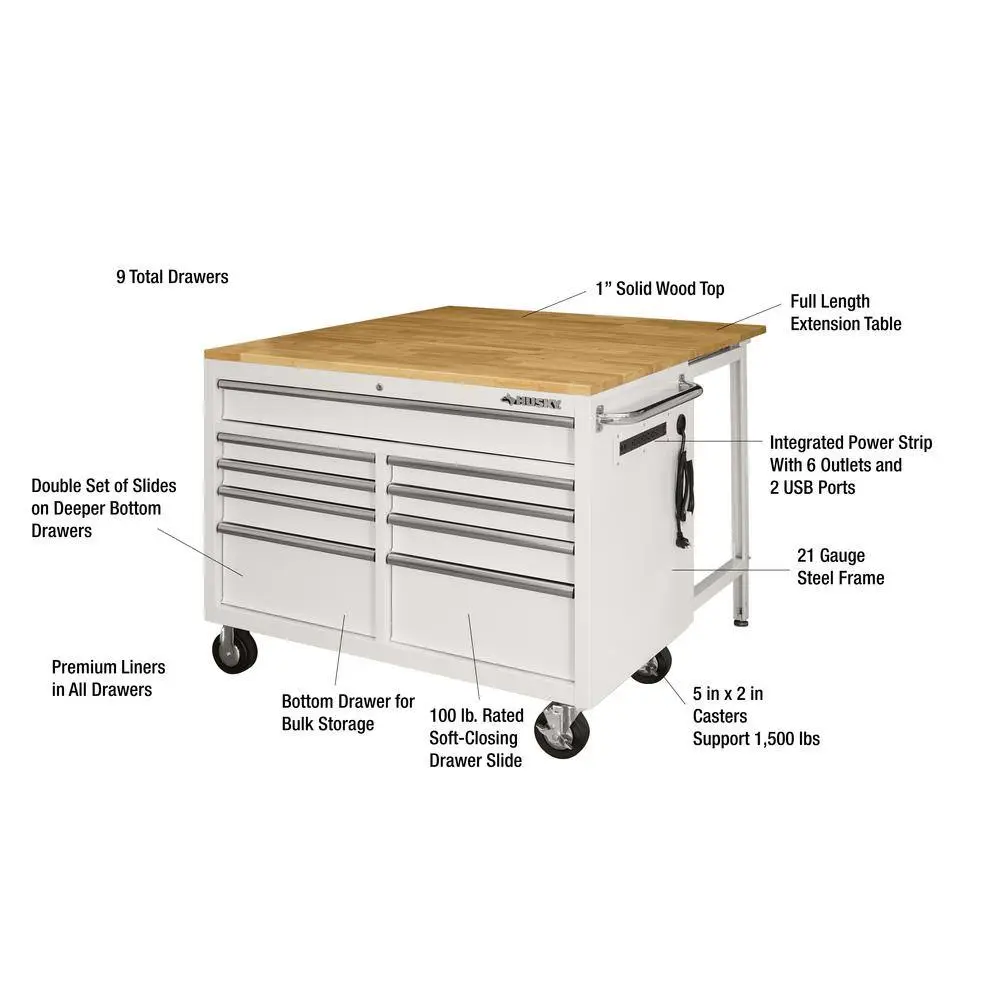 CZHusky 46 in. W x 51 in. D Standard Duty 9-Drawer Mobile Workbench with Solid Top Full Length Extension Table in Gloss White