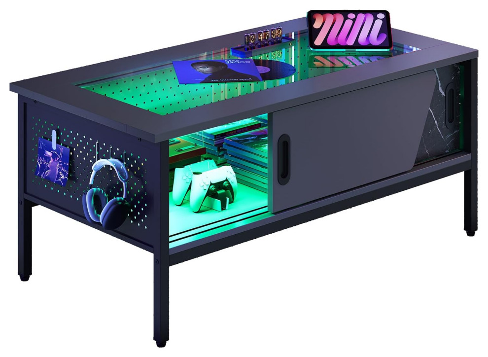 Modern Coffee Table  Glass Top  ampSliding Doors With Led Lighting   Industrial   Coffee Tables   by Decor Love  Houzz