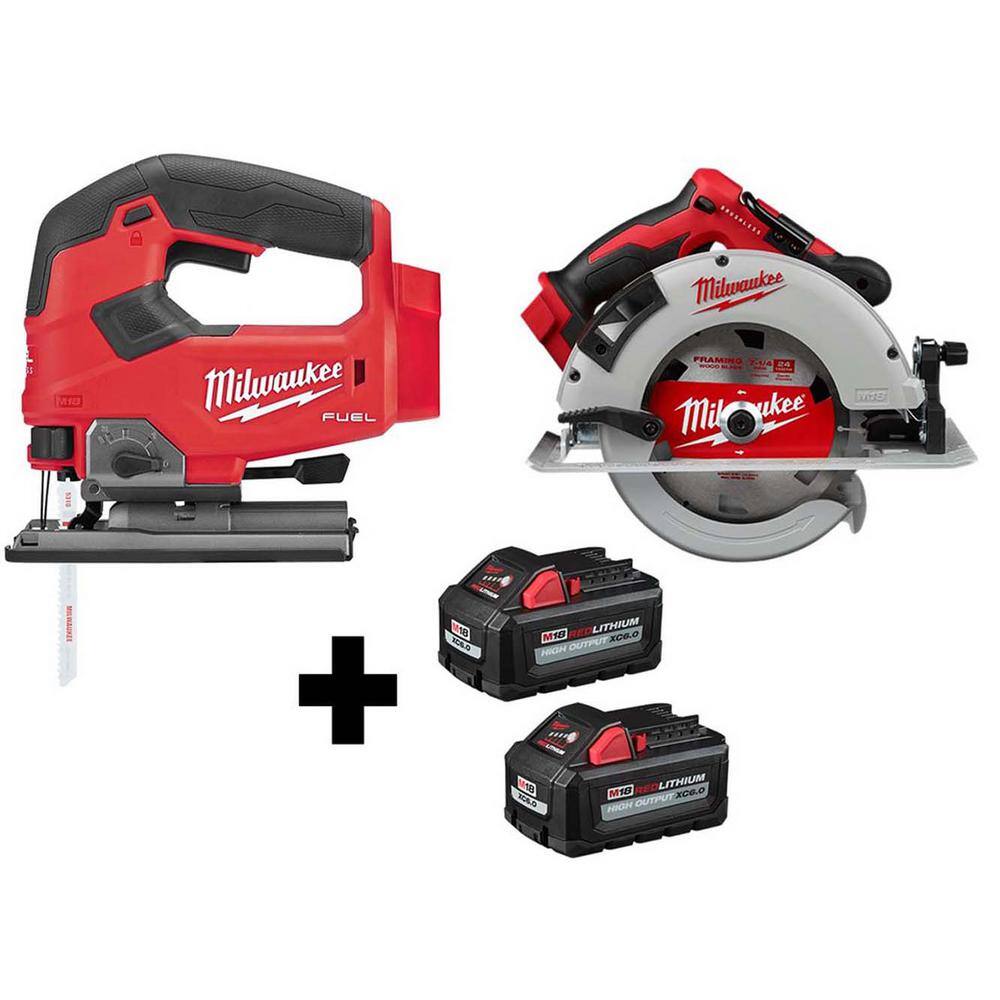 MW M18 FUEL 18V Lithium-Ion Brushless Cordless Jig Saw and 7-14 in. Circular Saw with (2) 6.0Ah Batteries 2737-20-2631-20-48-11-1862