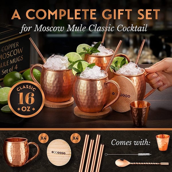 YOOREKA Moscow Mule Mugs Set Of 4 - Handcrafted and Genuine Copper with Accessories