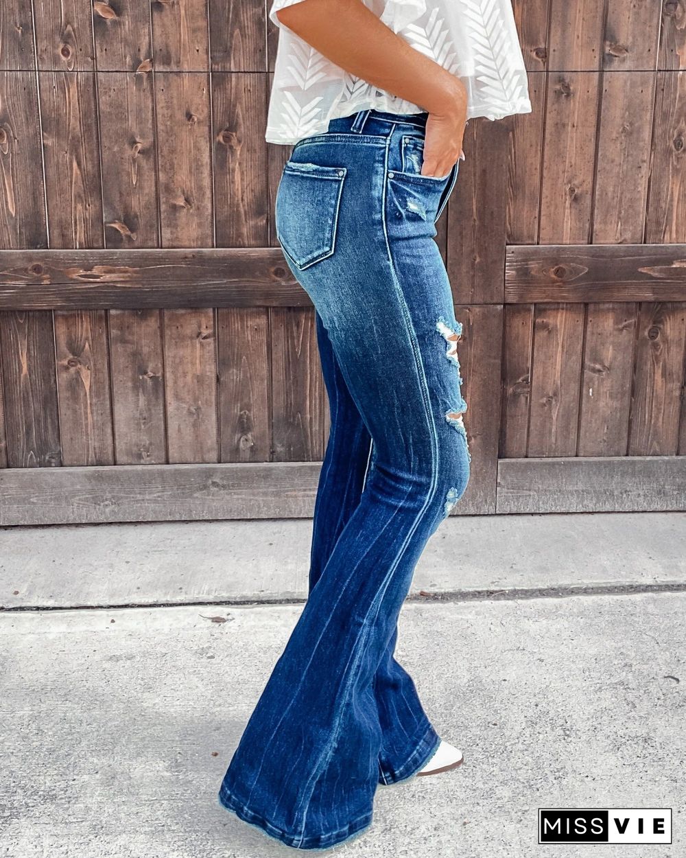 Destroyed High Waist Zip Up Jean Pants