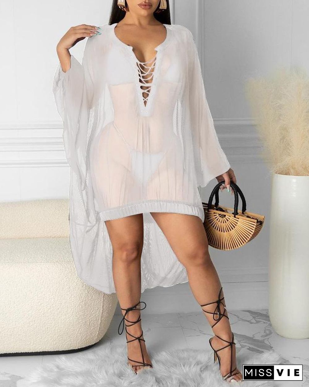 Eyelet Lace-up Sheer Mesh Dip Hem Cover Up