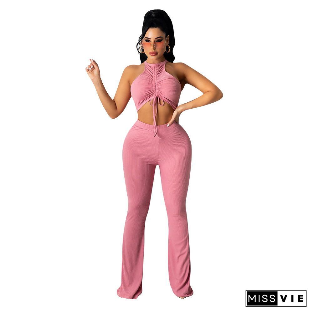 Solid Bandage Sleeveless Crop Top Flare Pants Set