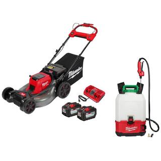 Milwaukee M18 FUEL Brushless Cordless 21 in. Walk Behind Dual Battery Self-Propelled Mower w(2)12Ah Batteries  Pesticide Sprayer 2823-22HD-2820-20PS