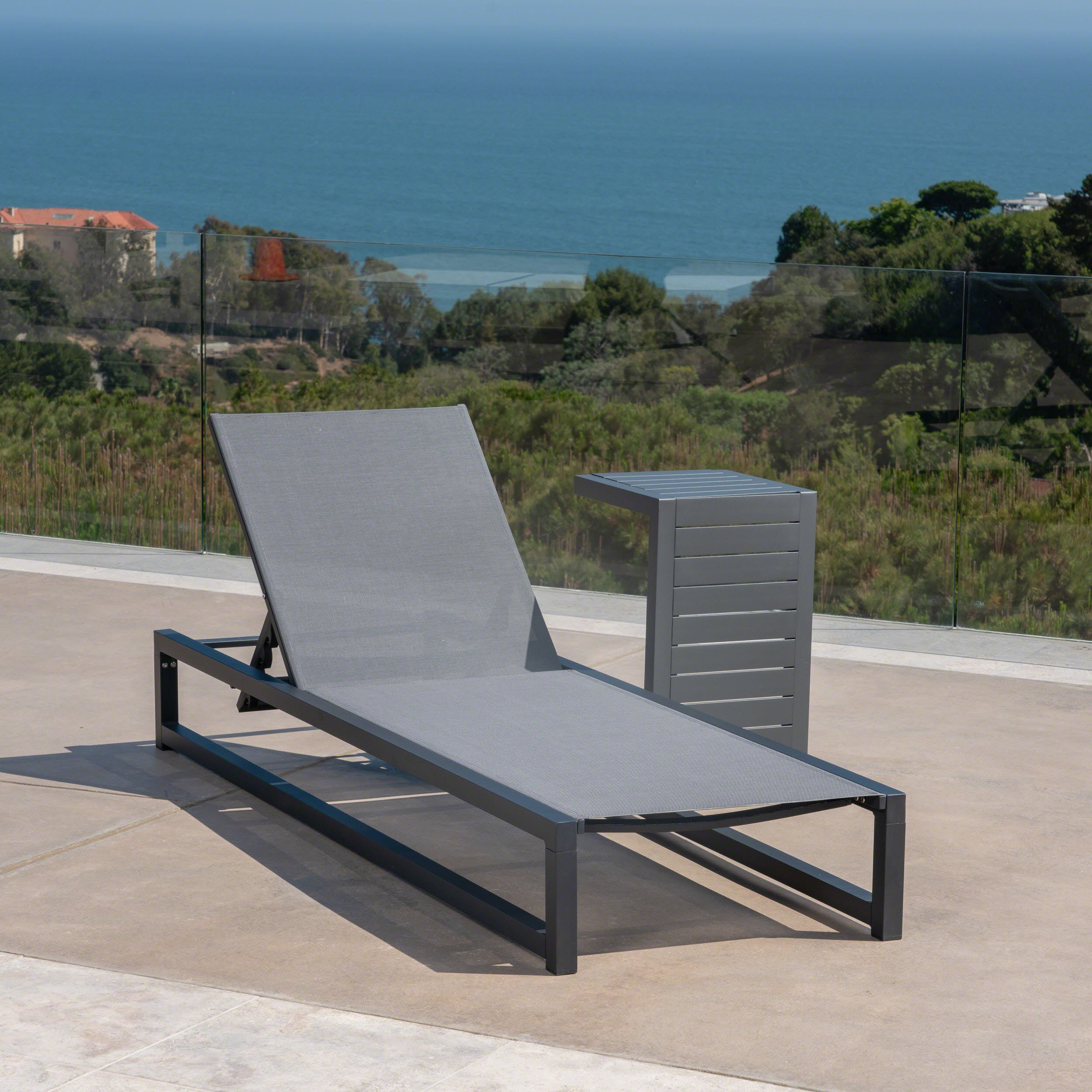 Michelle Outdoor Gray Mesh and Aluminum Frame Chaise Lounge with Matching Table