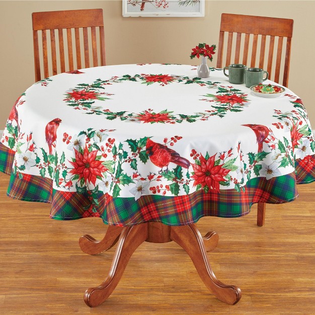 Collections Etc Cardinal amp Poinsettia Tartan Plaid Holiday Tablecloth Round