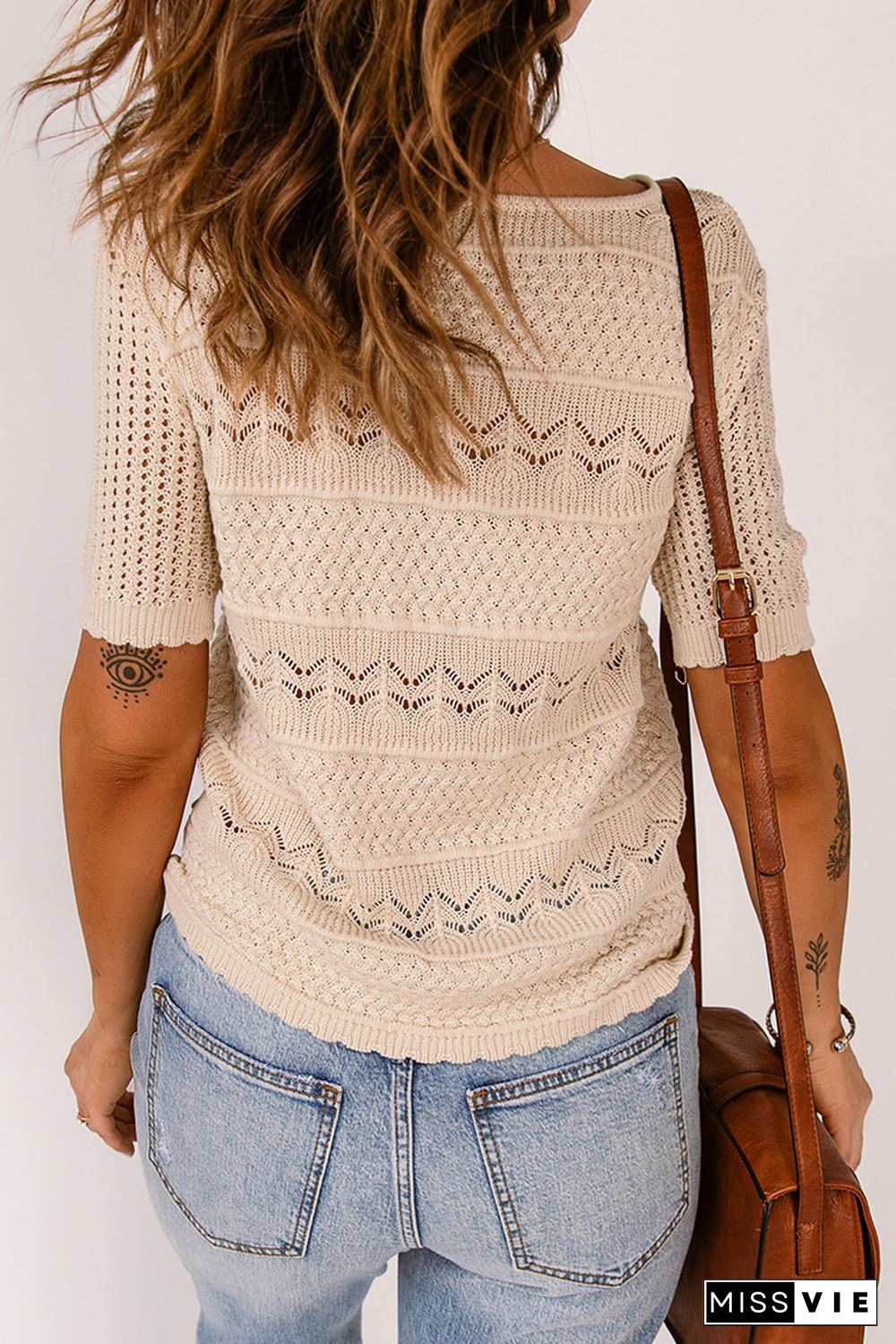 Apricot Crochet Hollow-out Short Sleeve T-shirt