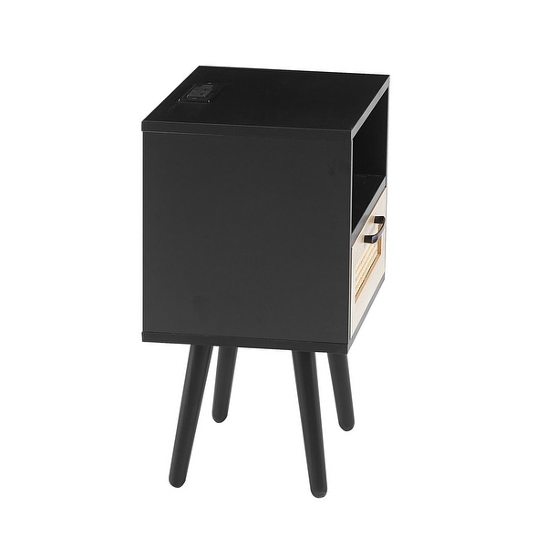 Modern Side table with Drawer and Solid Wood Legs，Rattan Nightstand with Power Outlet and USB Ports