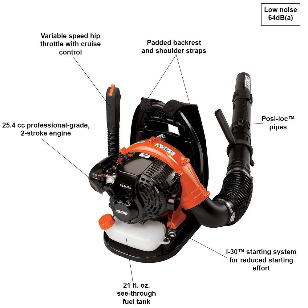 ECHO 158 MPH 375 CFM 25.4 cc Gas 2-Stroke Low Noise Backpack Leaf Blower with Hip Throttle PB-265LN