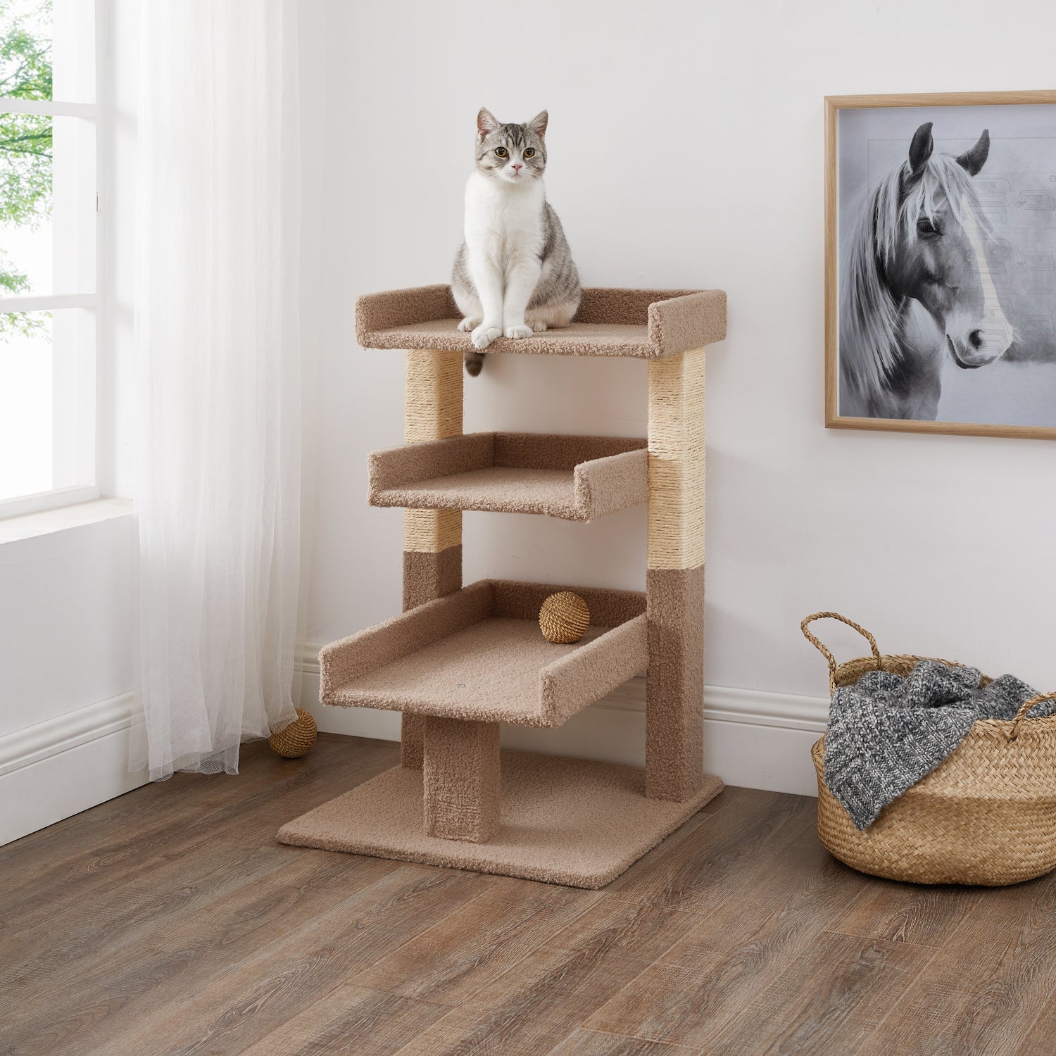 Naomi Home Cat Tree for Indoor Cats, Multi-level Cat Furniture with Condo Kitten Tower Kitty Stand Play House-Color: Beige