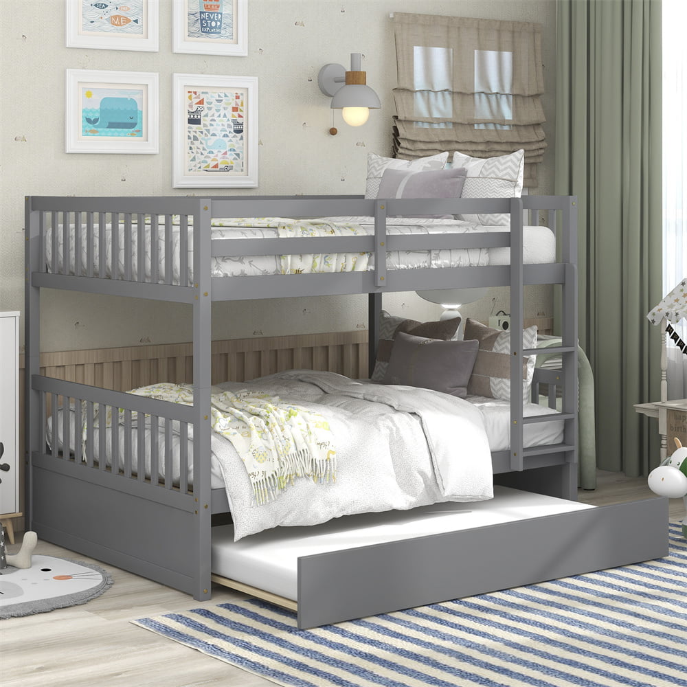 Full Over Full Bunk Bed with Trundle, Wood Bed Frame and Ladder with Guard Rails for Kids, Toddlers, Teens, Boys and Girls, Gray