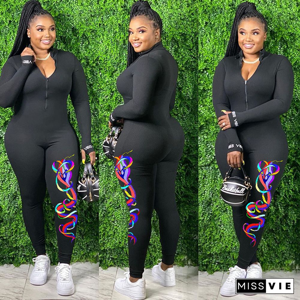 Womens Print Front Zipper Long Sleeve Bodycon Fitness Jumpsuits