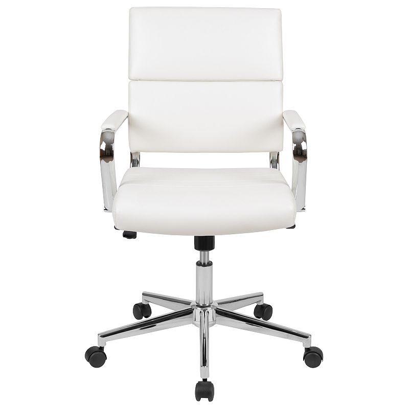 Merrick Lane McEntyre White Ergonomic Swivel Office Chair Panel Style Mid-Back Faux Leather Computer Desk Chair with Padded Chrome Arms and Base