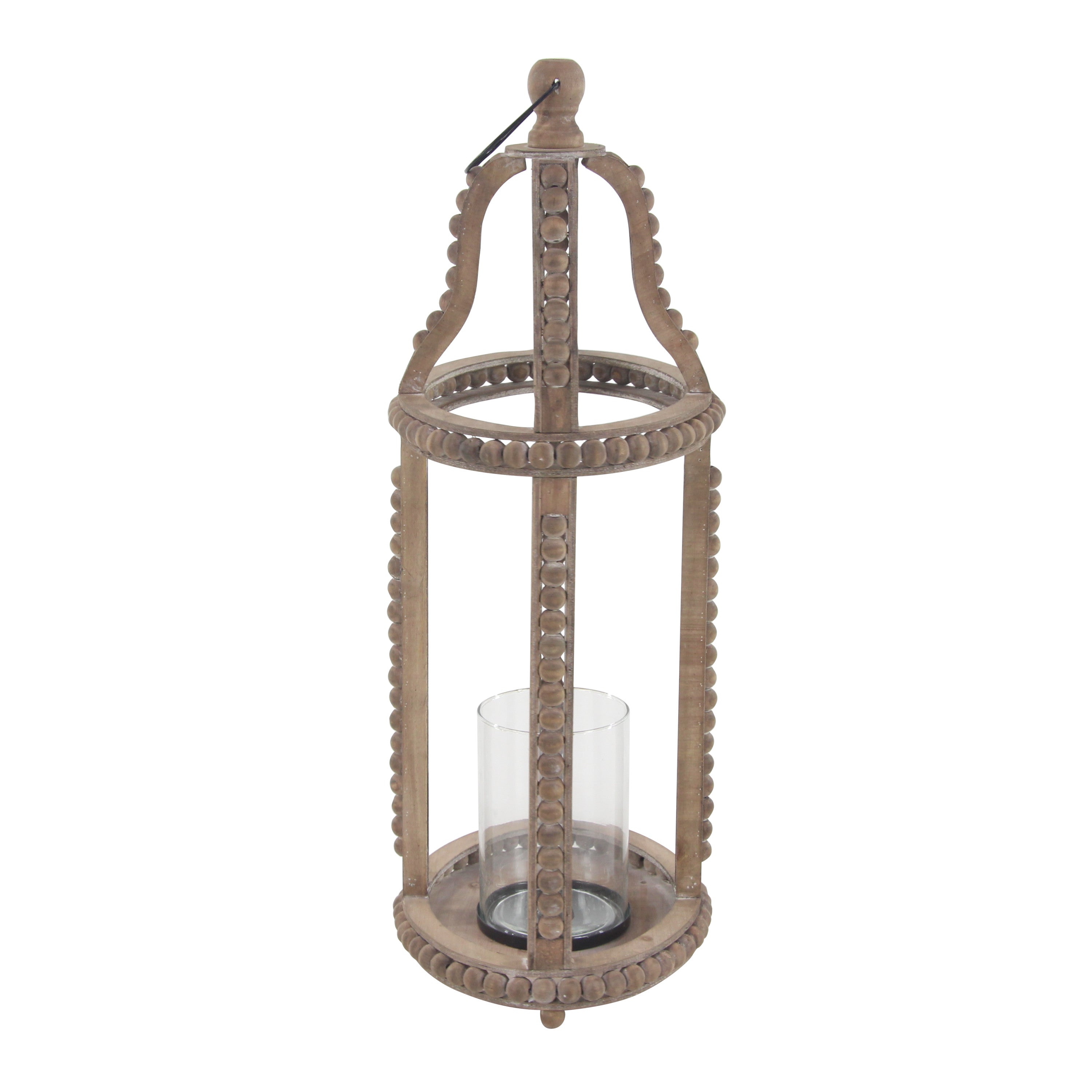 DecMode Brown Reclaimed Wood Beaded Pillar Candle Lantern