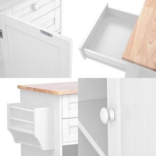 Tileon White MDF Kitchen Island with Rubber Wood Top Drawers Adjust Shelves Spice Rack and Hooks AYBSZHD2200