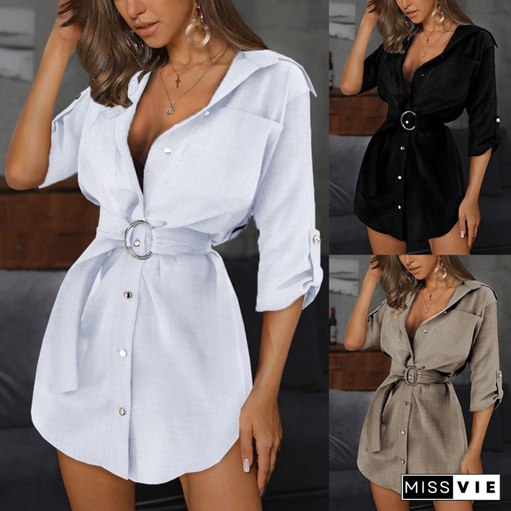 Women Long Sleeve V Neck Pocket Shirt Dress Tunic Top Casual Solid Charade Blouse with Self Belt