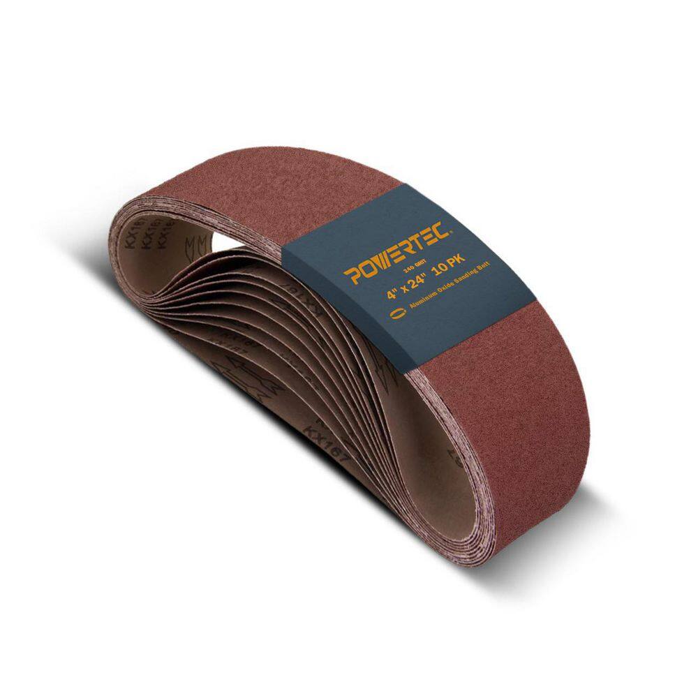 POWERTEC 4 in. x 24 in. 240-Grit Aluminum Oxide Sanding Belt Sandpaper for Belt Sander (10-Pack) 110040