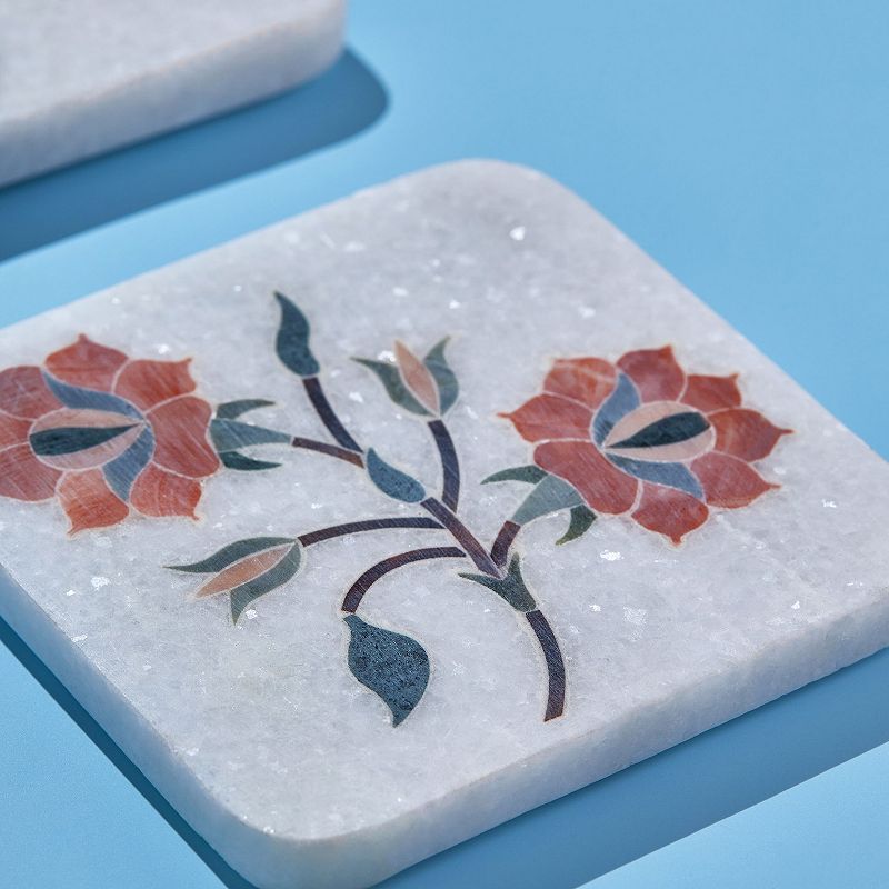 Oriental Bloom Marble Coasters， Set of 4