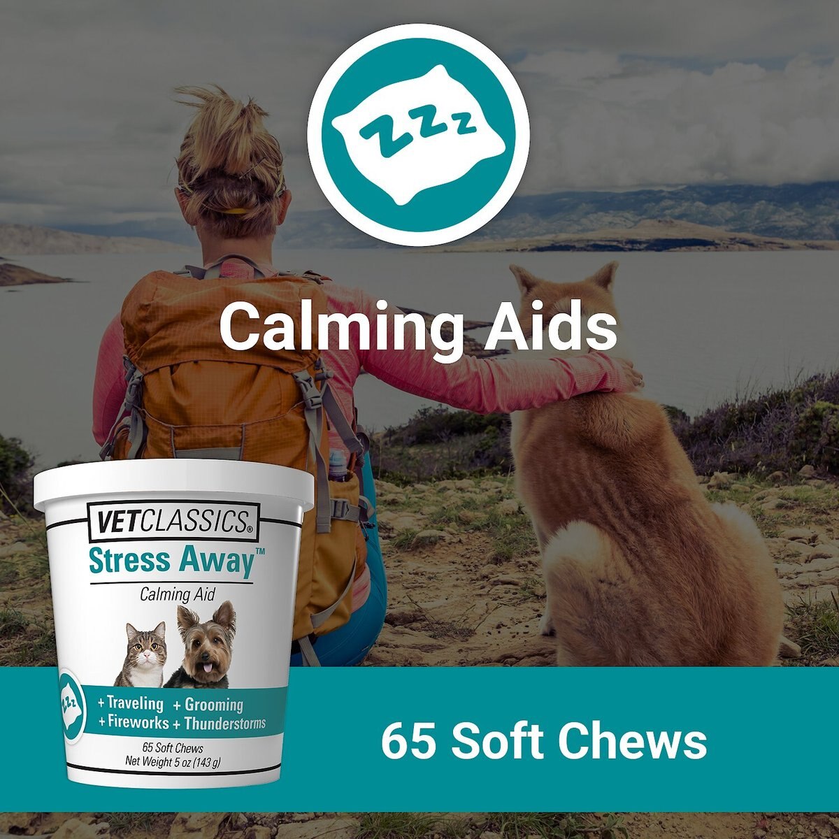 VetClassics Stress Away Calming Aid Soft Chews Dog and Cat Supplement， 65 count