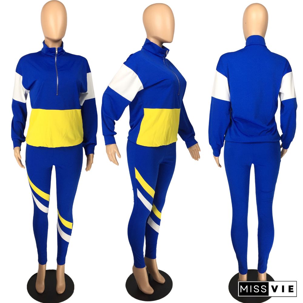 Fashion Color Spliced Hoodie Sport Pants Two-piece Set