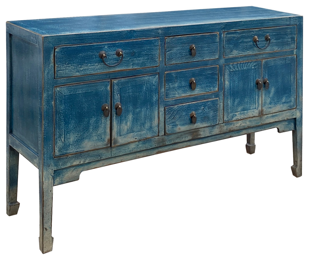 Distressed Teal Sailor Blue Tall Console Table Cabinet Credenza Hcs7479   Farmhouse   Console Tables   by Golden Lotus Antiques  Houzz