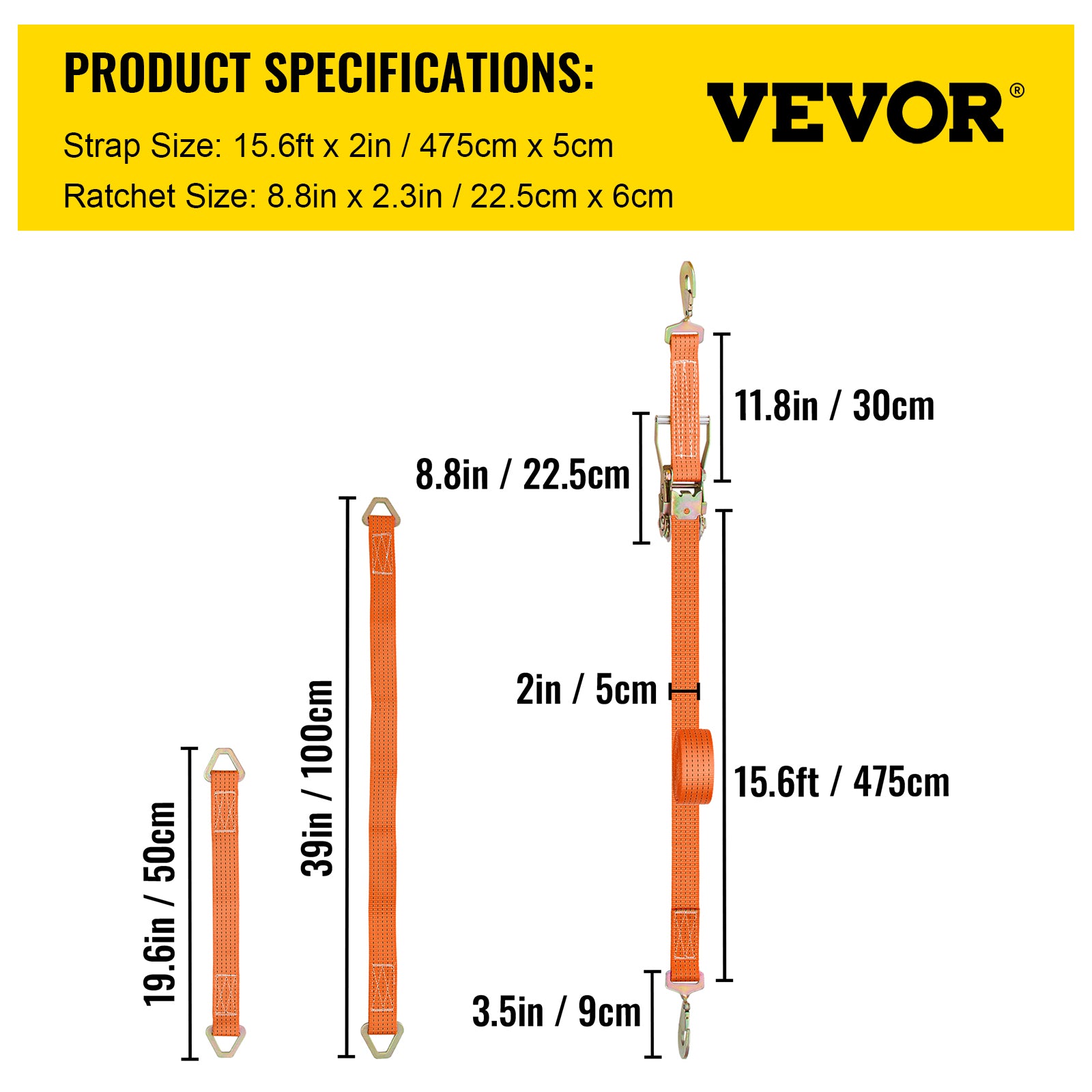 VEVOR Ratchet Tie Down Strap, 15.6ft x 2in Polyester Ratchet Strap 4000 lbs Working Load, 12 PCs Heavy Duty Car Strap w/ Double Hooks, Car Tie Down Strap with Chain Anchors, Security Fastening, Orange