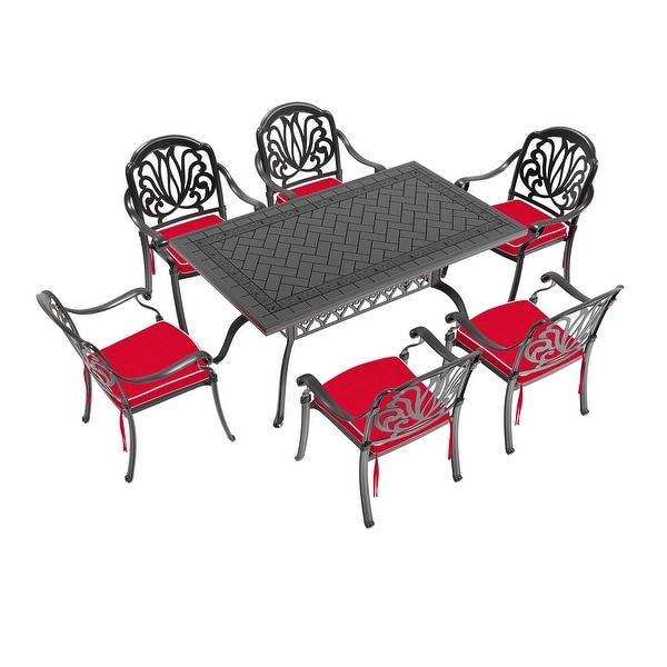 5/7Piece Cast Aluminum Outdoor Dining Set with 59.06'' L X 35.43'' W Rectangular Table and Random Color Seat Cushions