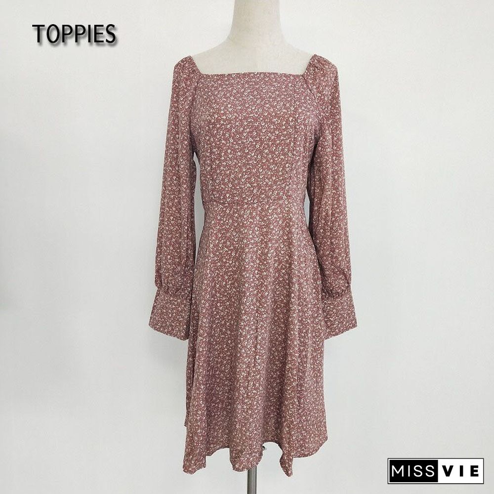 Toppies New Women Mini Dresses Vestidos Flowers Print French Style Dress Puff Long Sleeve Ladies Sundress