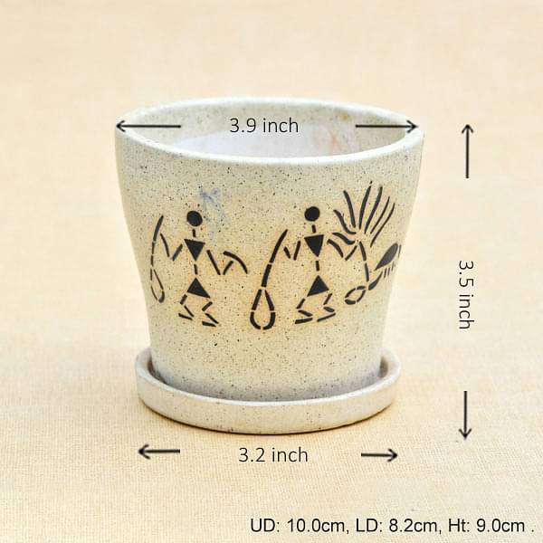 3.9 inch (10 cm) Warli Painting Marble Finish Round Ceramic Pot with Attached Plate (Light Brown) (set of 2)