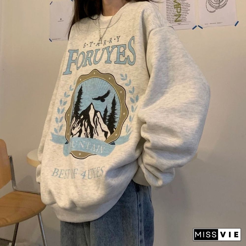 Vintage Crewneck Sweatshirt Streetwear Letter Print Grey Oversize Hoodies Women Harajuku Korean Style Pullover Tops