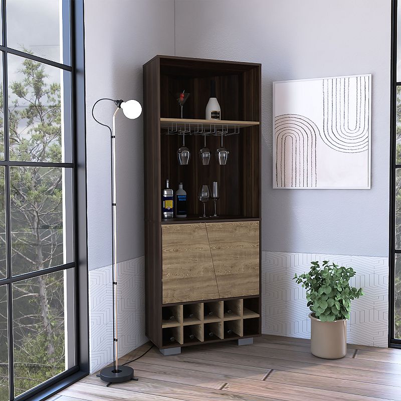 DEPOT E-SHOP Nassau Corner Bar Double Door Cabinet， Ten Built-in Wine Rack， Two Shelves， One Interior Shelf， Dark Oak / Pine