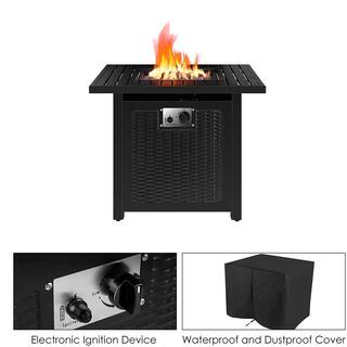 Oakville Furniture 28 in. Outdoor Square Black Rattan Style Powder Coated Steel Gas Propane Fire Pit Table WLava Rock OVF-SLFPT28