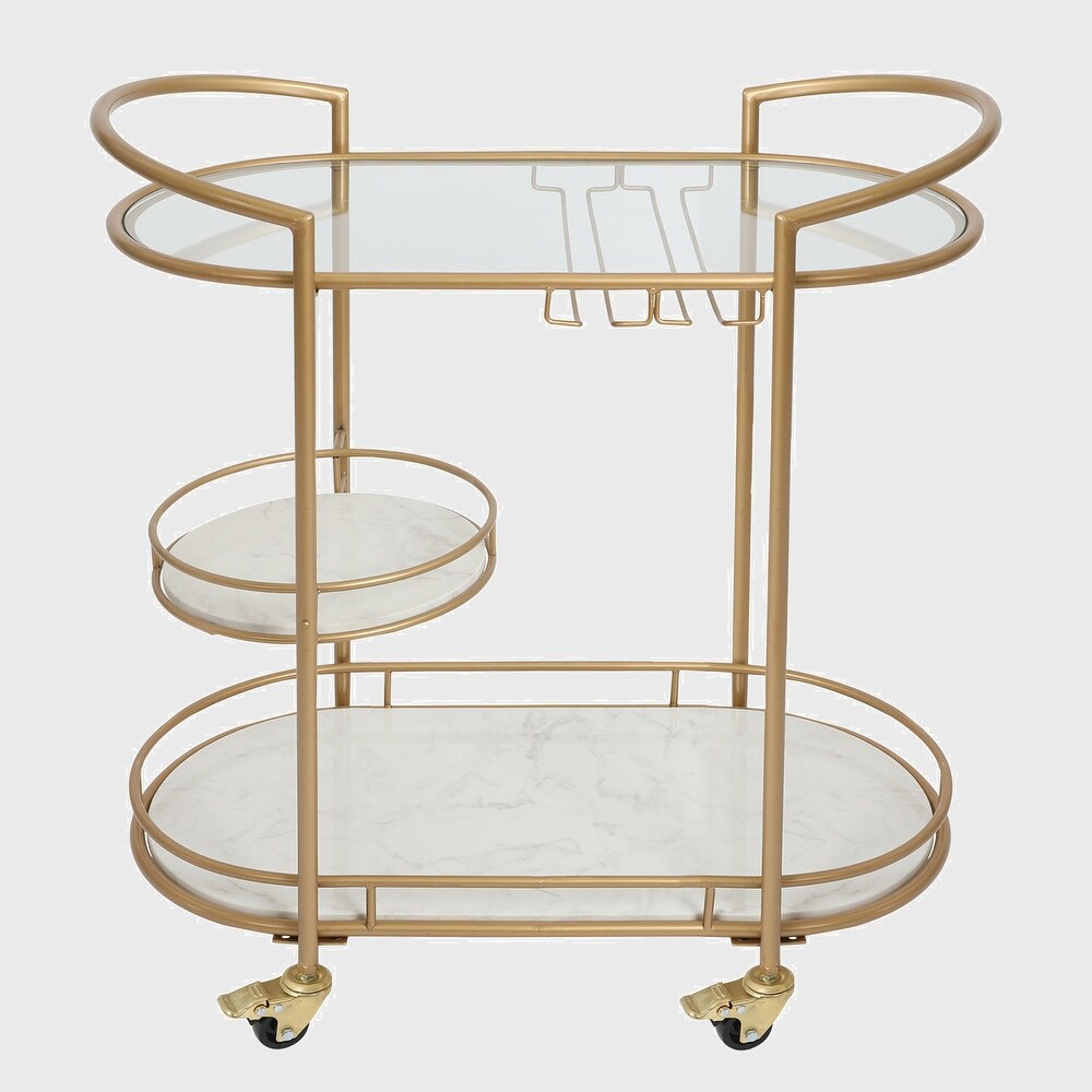 30 Inch 3 Tier Bar Cart with Matte Gold Metal Frame