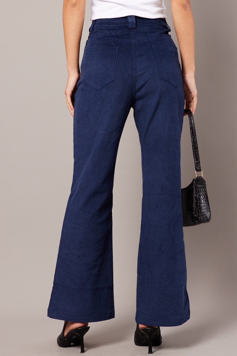 Blue Wide Leg Pants High Rise Corduroy