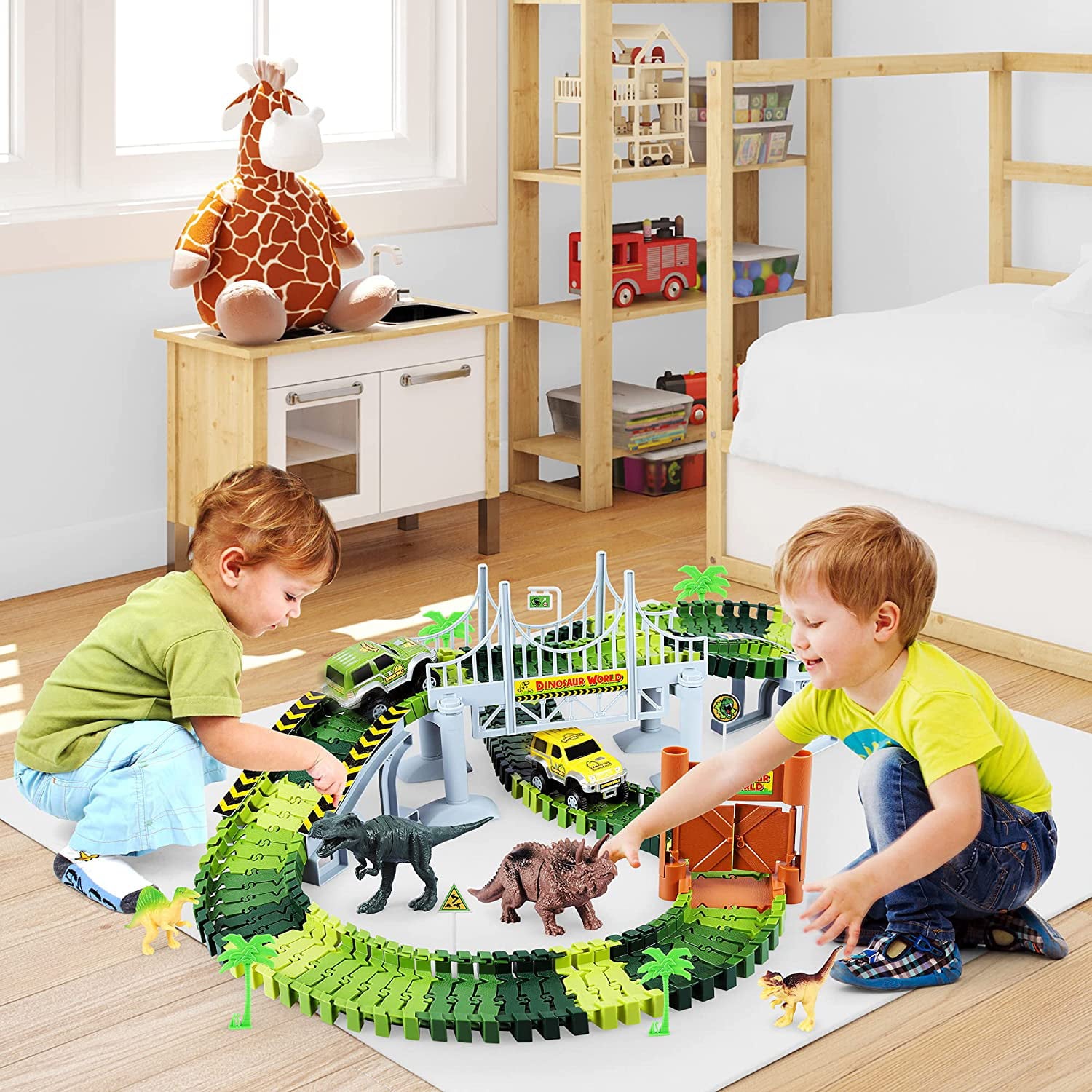 Dinosaur Toys Race Car Track STEM Vehicle Playsets Dinosaur World Road Toys for boys 3-6 Years Best Gift