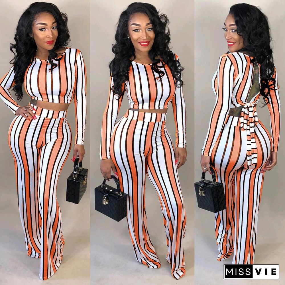 Fashion Striped Print Sexy Back Hollow Wide Leg Pants Two-Piece Suit