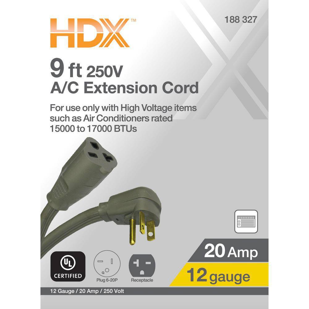 HDX 9 ft. 123 20 Amp 250-Volt Air Conditioner Extension Cord Grey HD#188-327