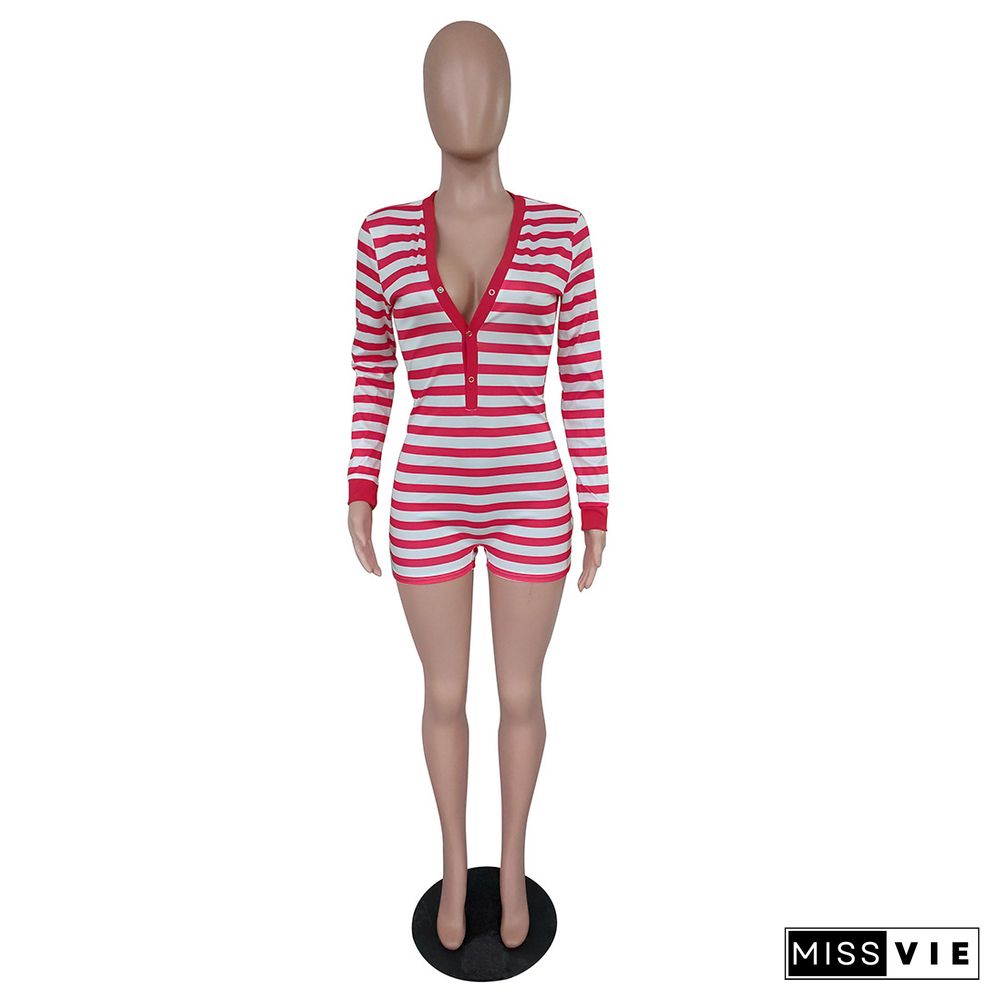 Christmas Striped Print V Neck Full Sleeve Skinny Rompers