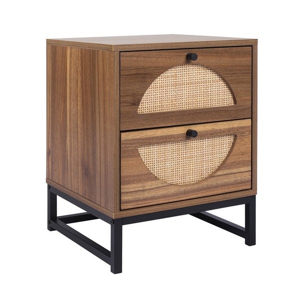 Rattan Nightstand Set of 2 End Table with 2 Drawers and Metal Legs