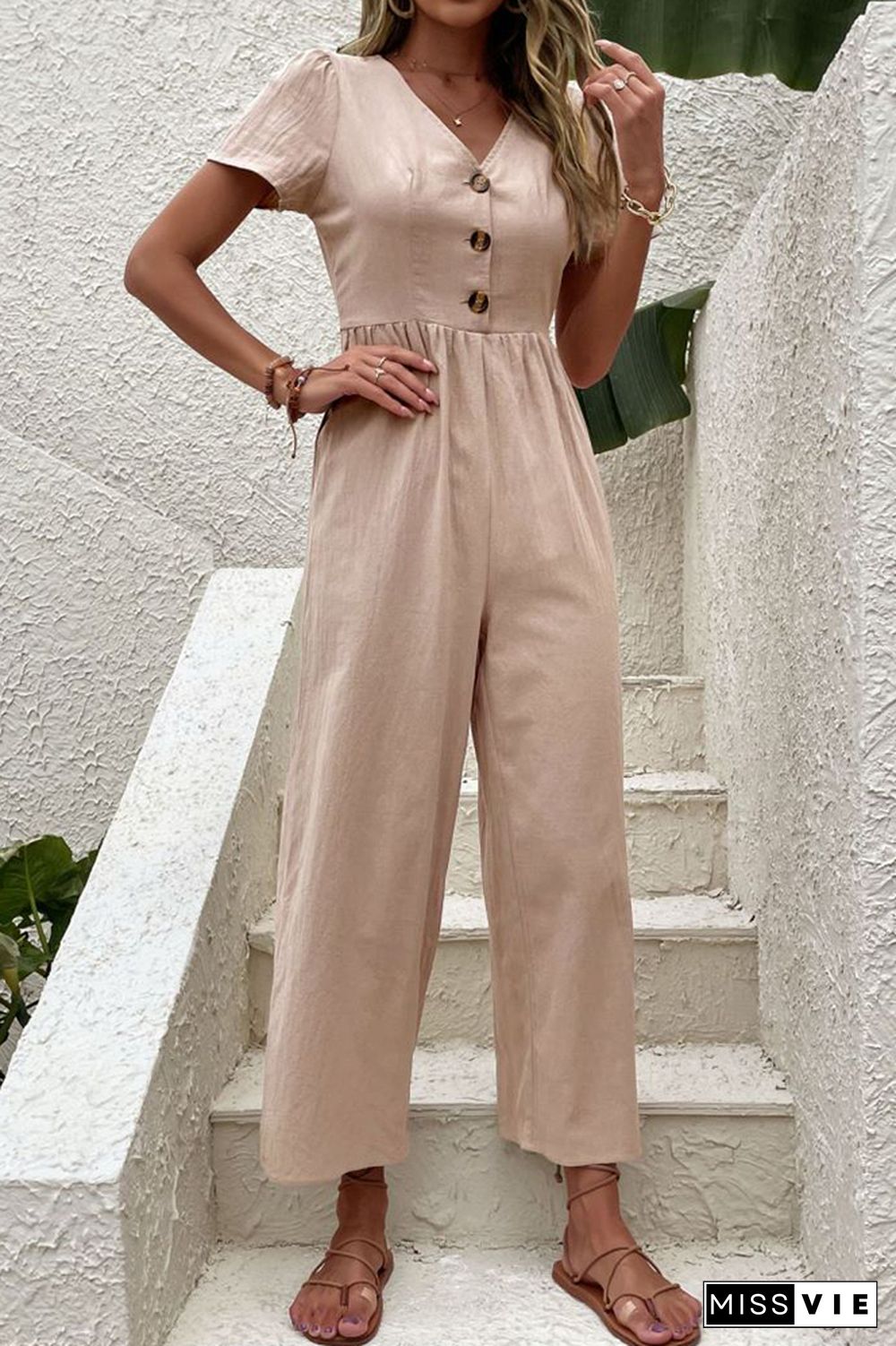 Plain V Neck Button Jumpsuit Wholesale